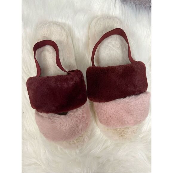 Jenni Intimates Women’s Slippers Faux Fur Striped Slides Pink, Cream & Burgundy - Picture 2 of 6